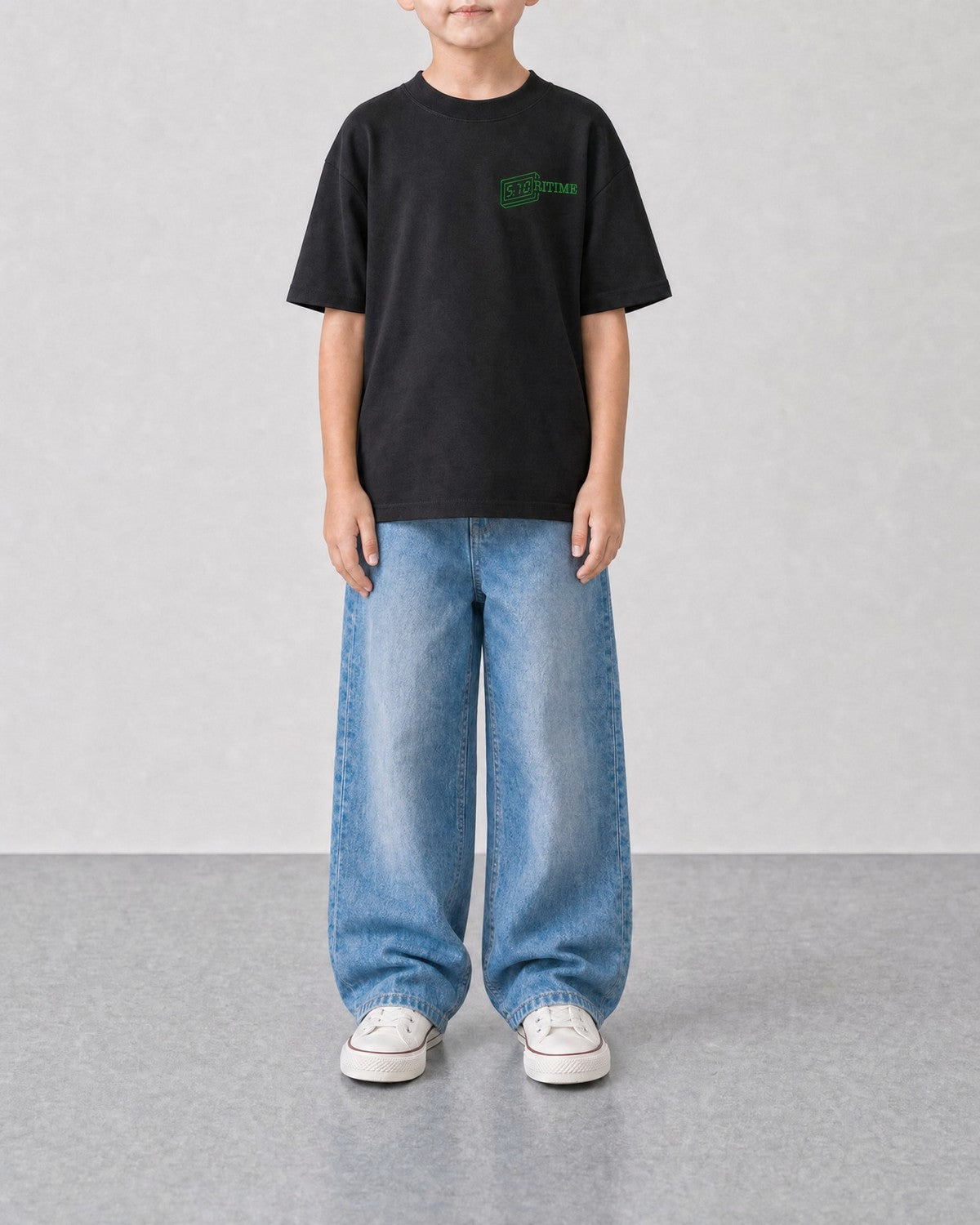 STORITIME® EASY Does It Tee in Black Gecko, front on-body view with relaxed blue denim.