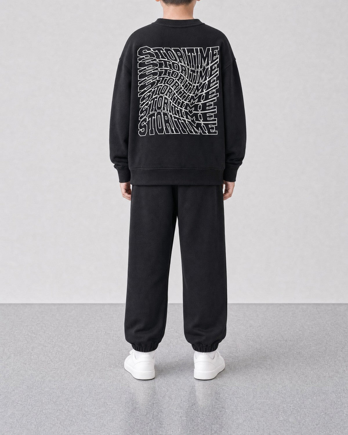 STORITIME® ST Flaming Sweatpant in Black Optic, back on-body view with matching ST Motion Sweatshirt in Black Optic.