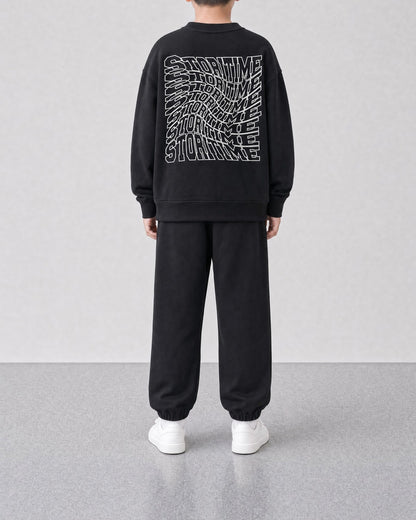 STORITIME® ST Flaming Sweatpant in Black Optic, back on-body view with matching ST Motion Sweatshirt in Black Optic.