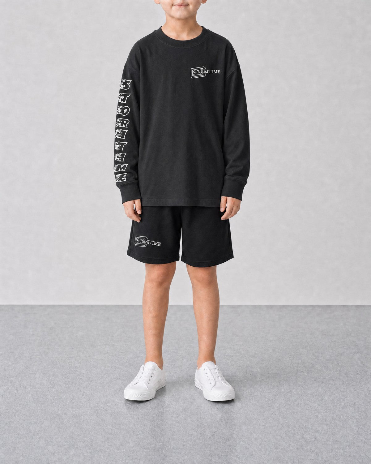 STORITIME® ST Logo Short in Black Optic, front on-body view with FLAMING Long Sleeve Top in Optic Black.