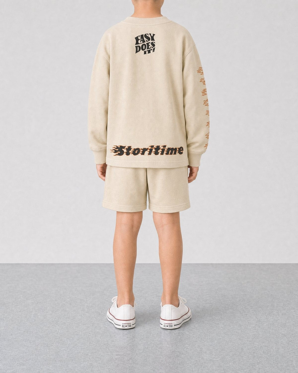 STORITIME® EASY Long Sleeve Top in Sand Brick, back on-body view with matching ST Uni Short in Sand Brick.
