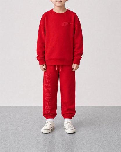 STORITIME® ST Motion Sweatshirt in Red Paradise, front on-body view with matching ST Flaming Sweatpant in Red Paradise.