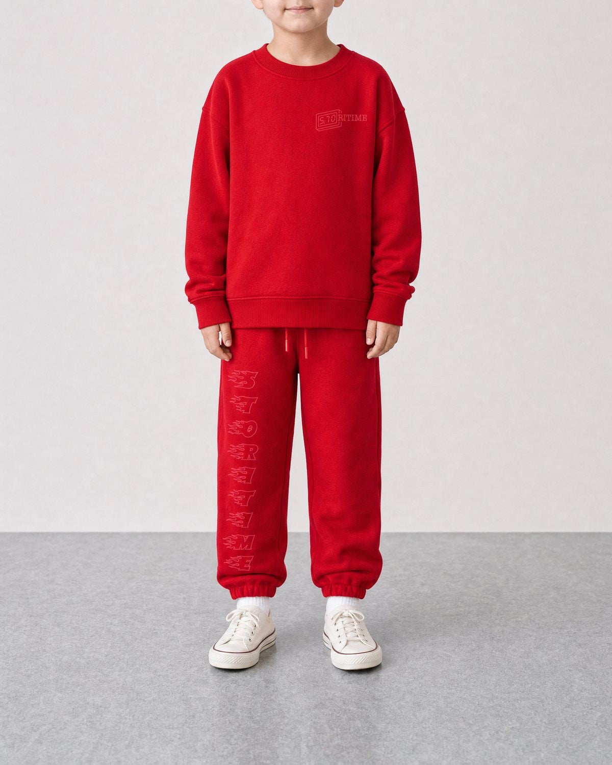 STORITIME® ST Flaming Sweatpant in Red Paradise, front on-body view with matching ST Motion Sweatshirt in Red Paradise.