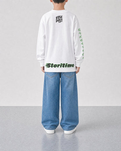 STORITIME® EASY Long Sleeve Top in Optic Gecko, back on-body view with relaxed blue denim.