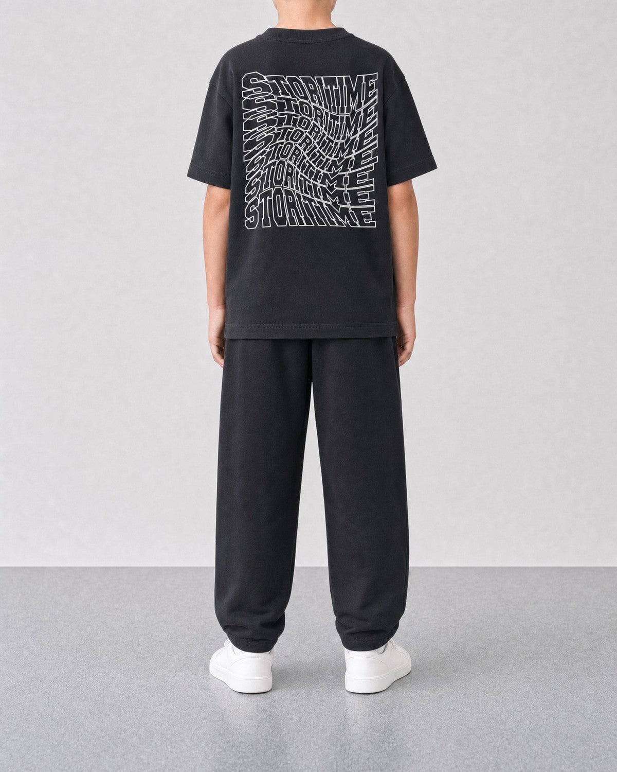 STORITIME® ST Motion Tee in Black Optic, back on-body view with ST Flaming Sweatpant in Black Optic.