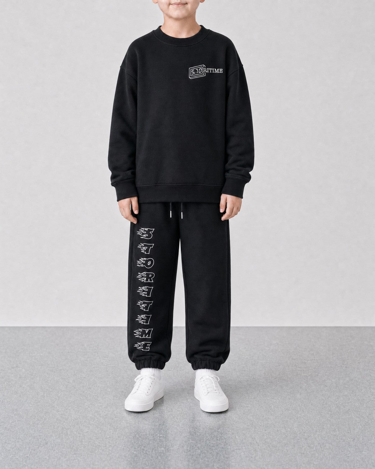 STORITIME® ST Flaming Sweatpant in Black Optic, front on-body view with matching ST Motion Sweatshirt in Black Optic.