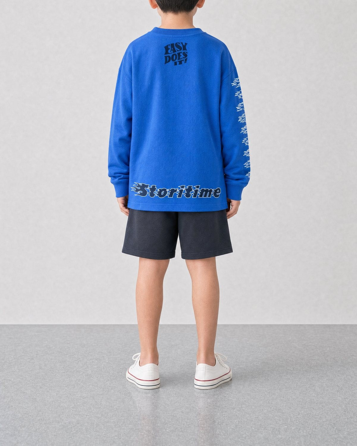 STORITIME® EASY Long Sleeve Top in Blue Optic, back on-body view with ST Uni Short in Phantom Blue.