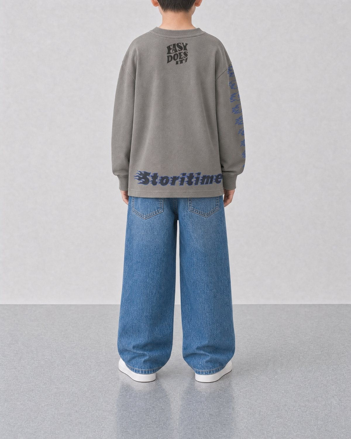 STORITIME® EASY Long Sleeve Top in Cinder Blue, back on-body view with relaxed blue denim.
